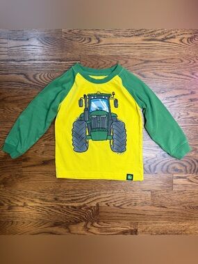 John Deere Boys Yellow Body Green Sleeve Tractor Tee Reverse Tractor on Back 2T